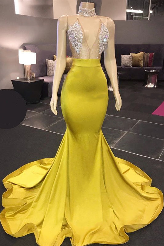 mermaid yellow prom dresses Sexy Yellow Halter Backless Prom Dresses Long Mermaid With Crystals – luladress