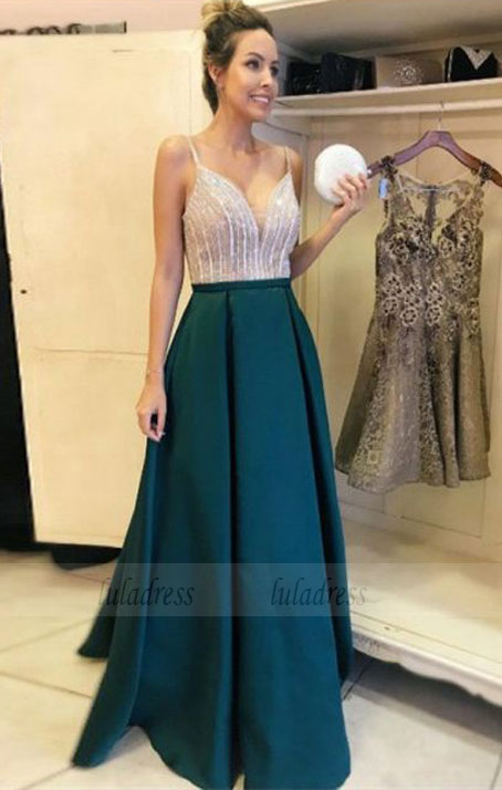 A-Line V-Neck Floor-Length Dark Green Satin Prom Dress with Beading