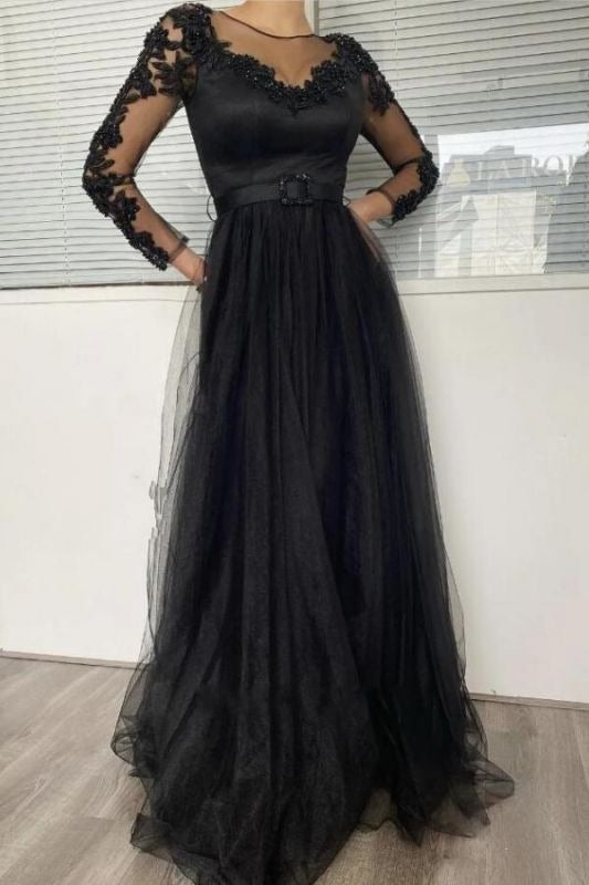 Sexy Black Lace Sleeves Prom Dress Long Evening Gowns Pic Color / US2 Sexy Black Lace Sleeves Prom Dress Long Evening Gowns Pic Color / US2
