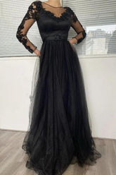 Sexy Black Lace Sleeves Prom Dress Long Evening Gowns