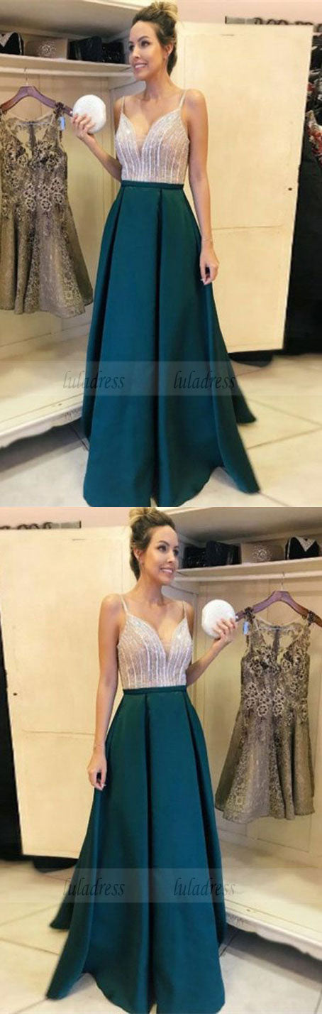 A-Line V-Neck Floor-Length Dark Green Satin Prom Dress with Beading