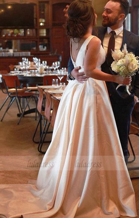 V-neck Long Satin Prom Dresses Open Back Evening Gowns