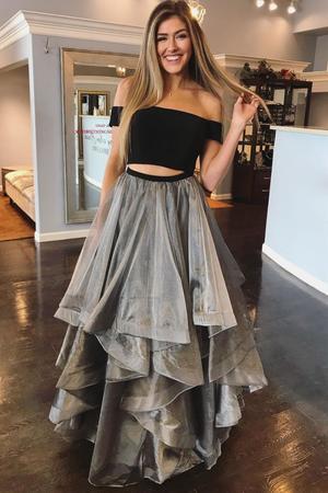 Gray Two Pieces Prom Dress, Gray Tulle Evening Dress