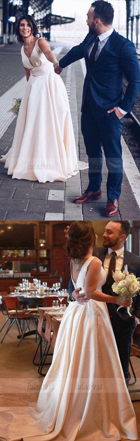 V-neck Long Satin Prom Dresses Open Back Evening Gowns