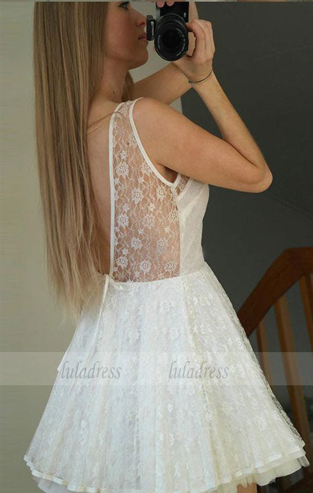 Robes de bal courtes en dentelle blanche sans dos