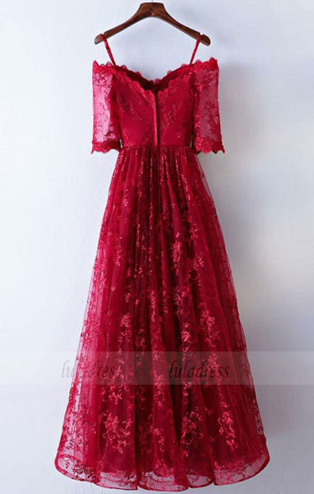 Off-the-Shoulder Floor-Length Half Sleeves Dark Red A-Line Lace Prom Dress