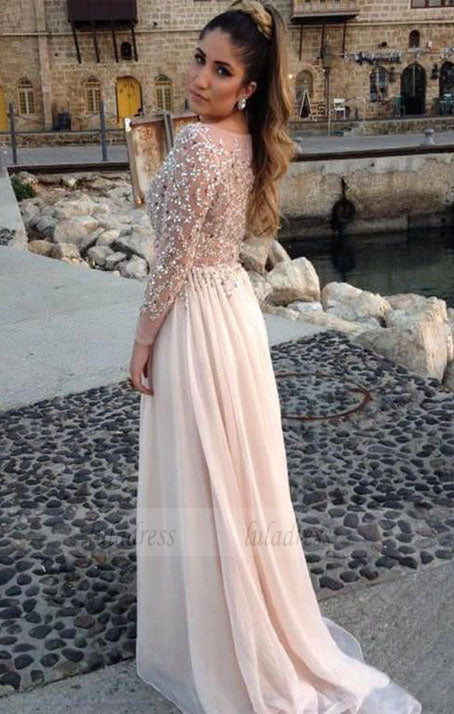 A-line Chiffon Bateau Long Sleeves Beading Floor-length Prom Dresses
