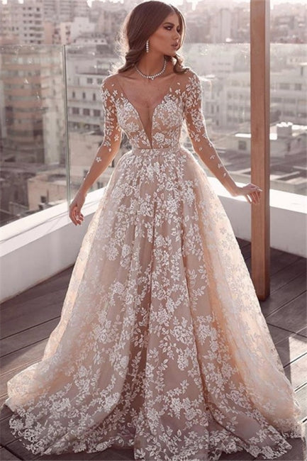 Gorgeous Lace Applique Wedding Dresses | Long Sleeves Floral Bridal Gowns