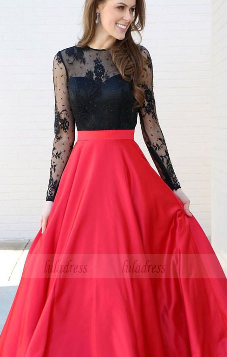 Long Sleeves Black and Red Long Prom Dress Party Dress