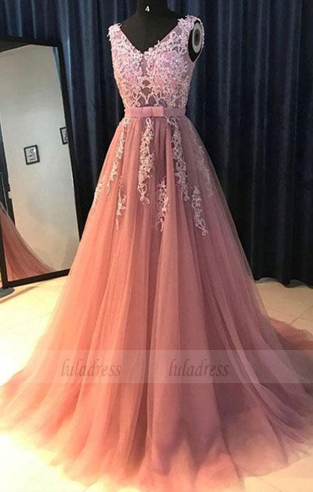 Pink v neck lace tulle long prom dress, evening dress