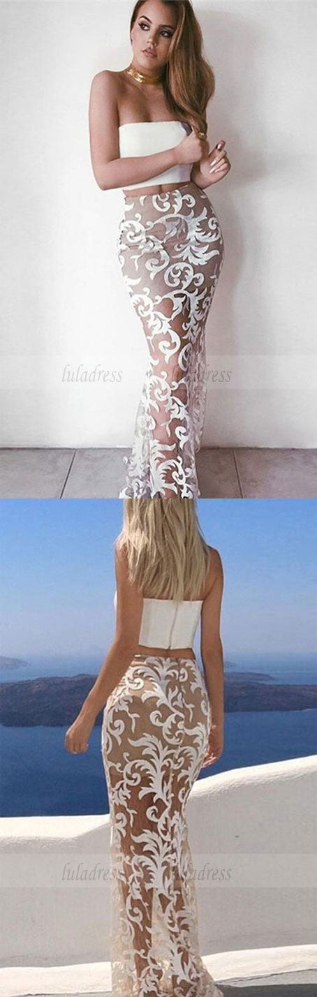 modest two piece,simple strapless sheer lace party dresses,sexy evening gowns