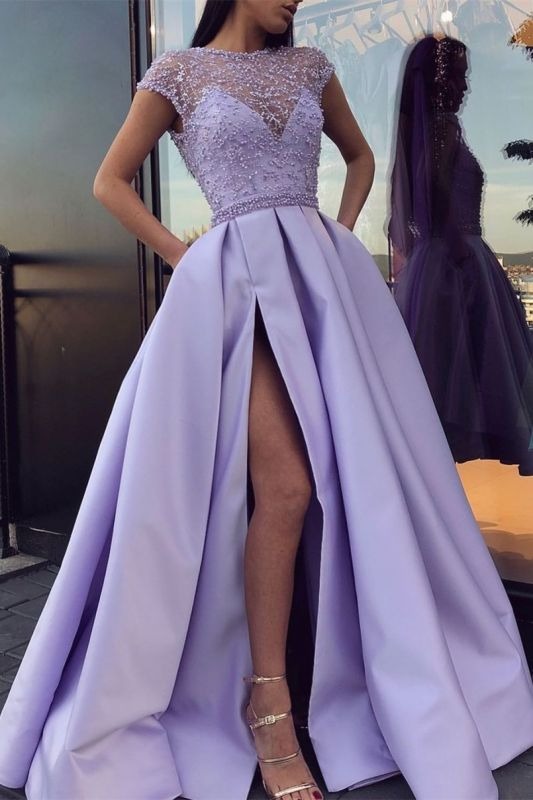 Gorgeous Sleeveless Light Purple Satin Lace Front-Split Prom Dresses W luladress Gorgeous Sleeveless Light Purple Satin Lace Front-Split Prom Dresses W luladress