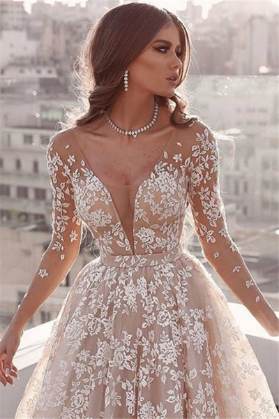 Gorgeous Lace Applique Wedding Dresses | Long Sleeves Floral Bridal Gowns,WD21001