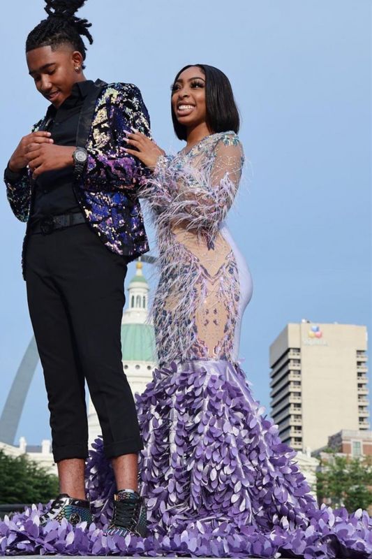 Lilac Fur Sequins Mermaid Prom Dresses|Long Sleeves Satin Evening Gown Lilac Fur Sequins Mermaid Prom Dresses|Long Sleeves Satin Evening Gown