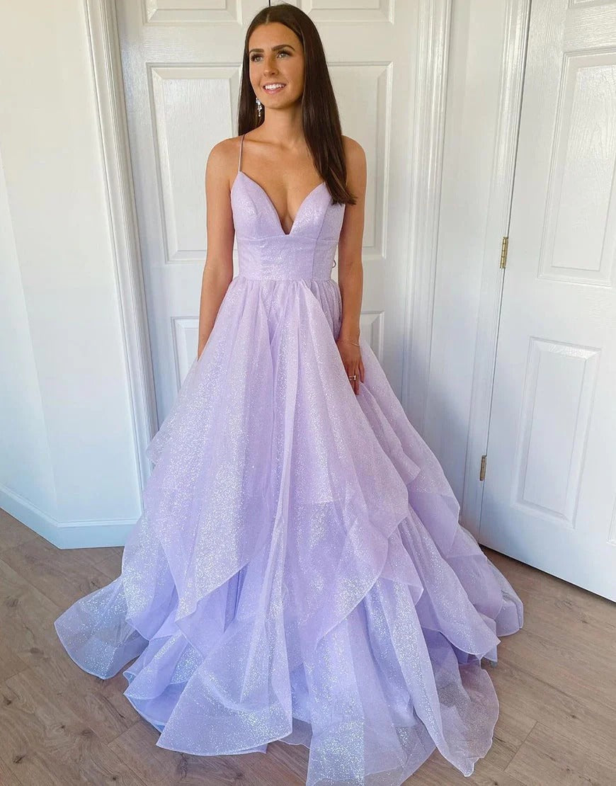 Spaghetti Straps Ruffles A-Line Tulle Long Prom Dresses Pic Color / US4 Spaghetti Straps Ruffles A-Line Tulle Long Prom Dresses Pic Color / US4