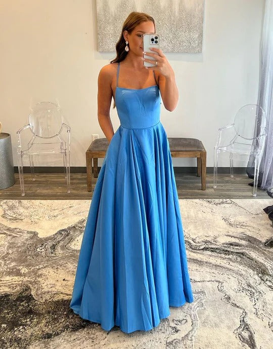 Simple Blue Spaghetti Straps Backless A-Line Prom Dresses Pic Color / US16 Simple Blue Spaghetti Straps Backless A-Line Prom Dresses Pic Color / US16