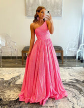 A Line Pink Cute One-Shoulder Backless Long Prom Dresses