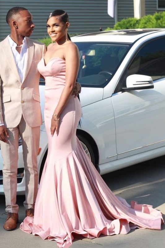 Elegant Sweetheart Pearl Pink Satin Ruffles Mermaid Prom Dresses luladress Elegant Sweetheart Pearl Pink Satin Ruffles Mermaid Prom Dresses luladress