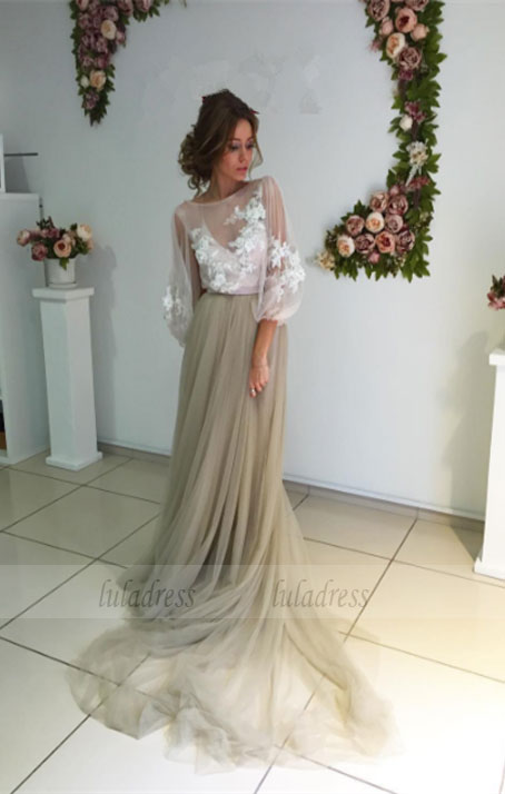Prom Dresses,Modest Elegant Long Sleeve Appliques Evening Dress Tulle New Back Design Prom Dress