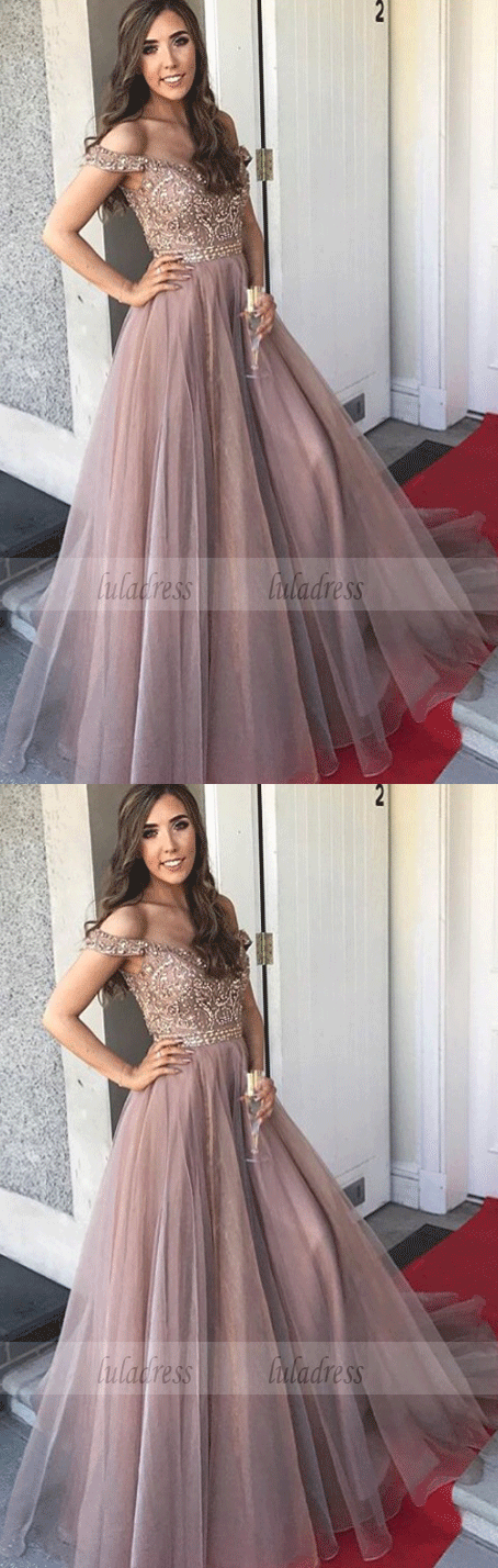 Gorgeous Sweetheart A-Line Tulle Backless Prom Dresses,Off-the-Shoulder Prom Gowns