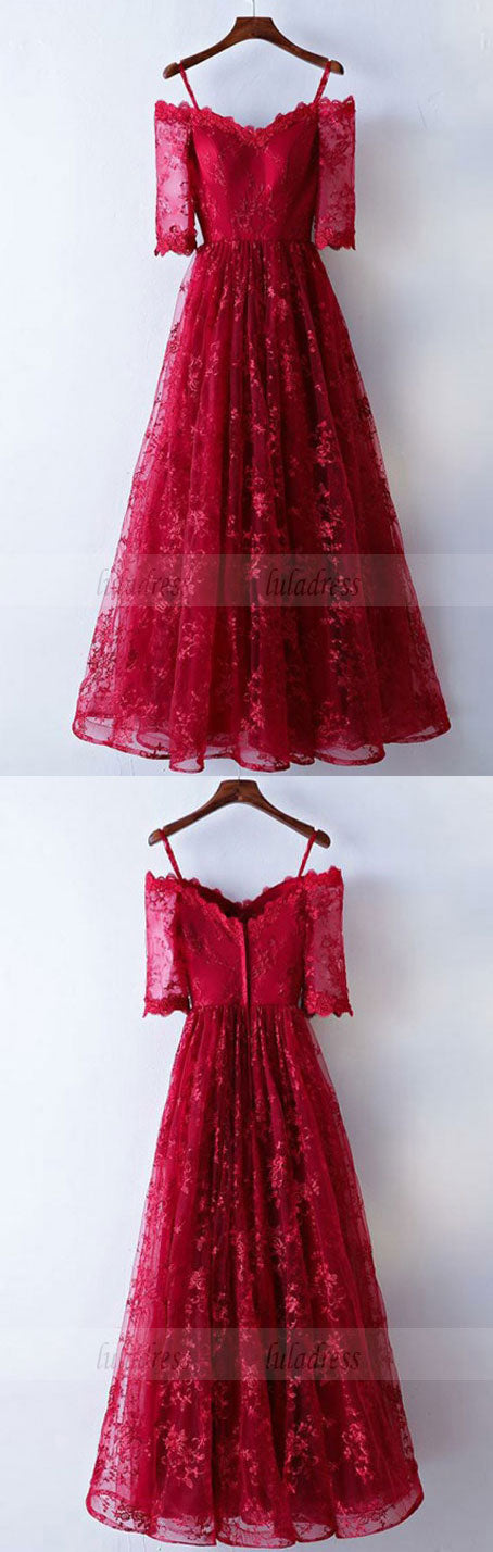 Off-the-Shoulder Floor-Length Half Sleeves Dark Red A-Line Lace Prom Dress