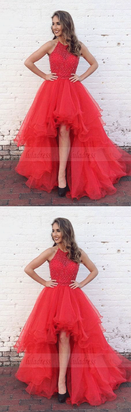 red prom dress,high low prom dress