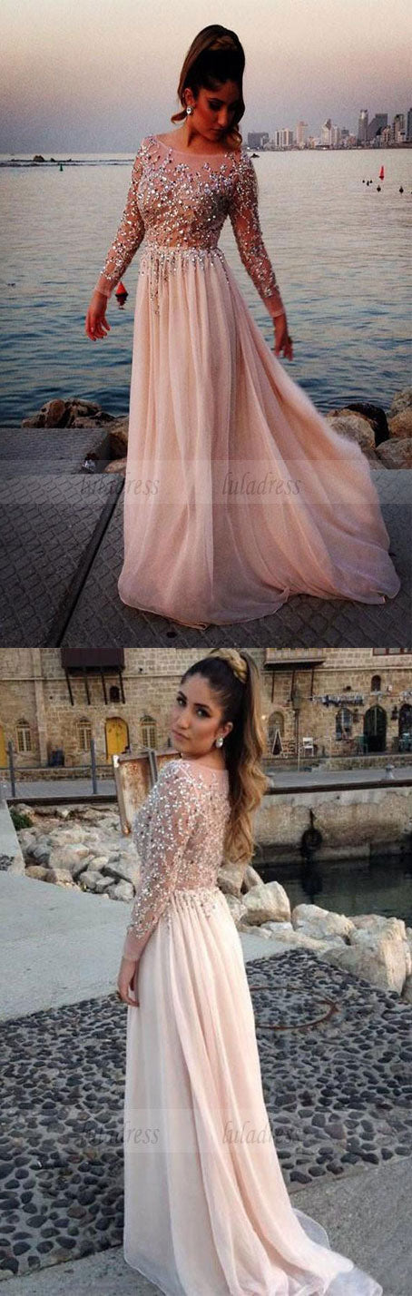 A-line Chiffon Bateau Long Sleeves Beading Floor-length Prom Dresses