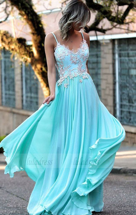 Sexy Prom Dresses,Spaghetti Straps Prom Dress,Appliques Prom Dress,Long Prom Dress,Chiffon Prom Dresses