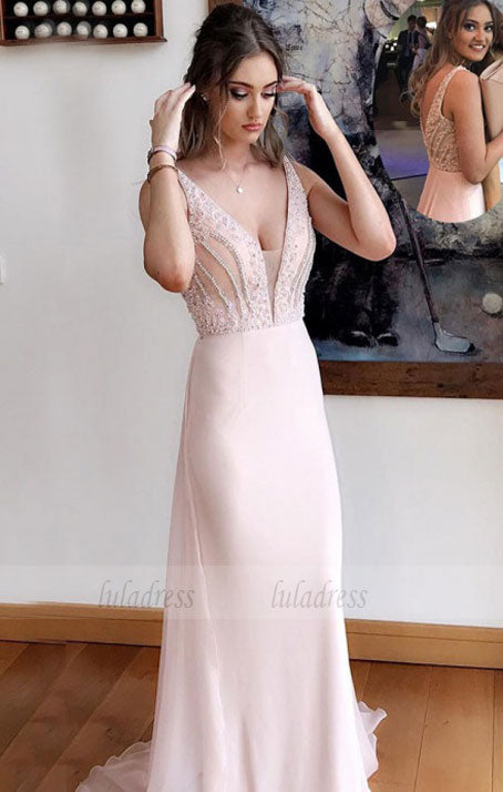 Deep V-Neck Sweep Train Pearl Pink Chiffon Prom Dress with Beading