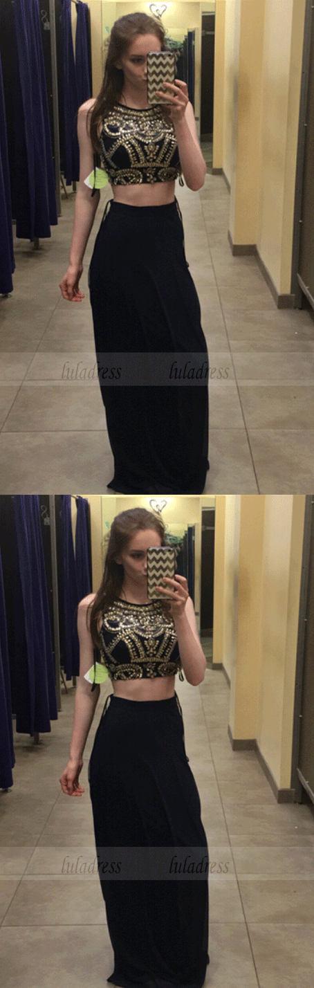 Two Pieces Beading Custom Made Prom Dresses, Floor-Length Evening Dress