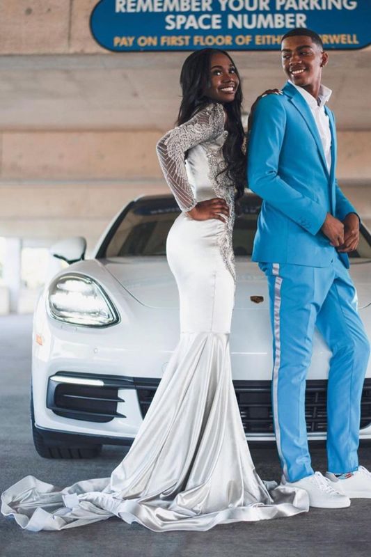 white prom dresses with sleeves Party White Jewel Appliques Prom Dresses With Long Sleeves – luladress