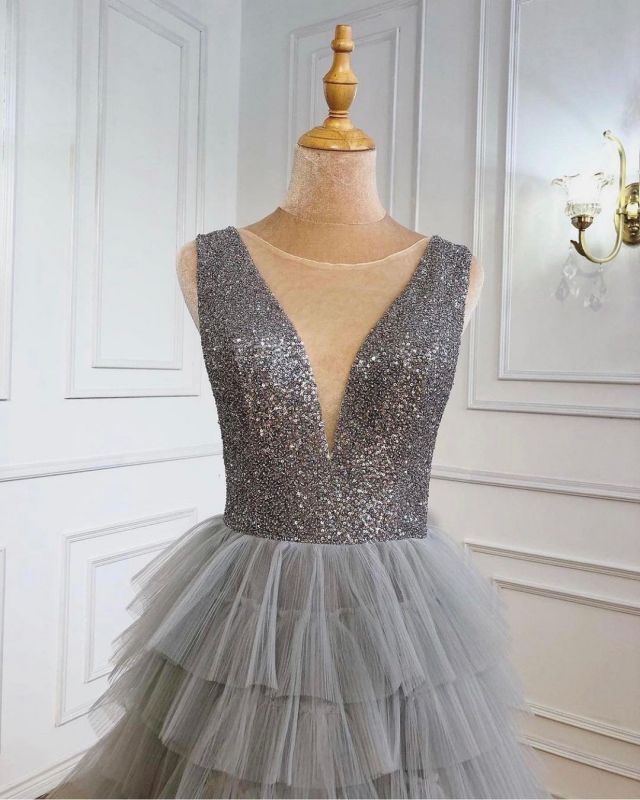 Jewel Sequins Tulle Sleeveless Prom Dresses Online