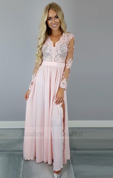 light pink long sleeve prom dress A-line Long Sleeves Pink Satin Sequin Long Evening Prom Dresses, Cheap MarryLover