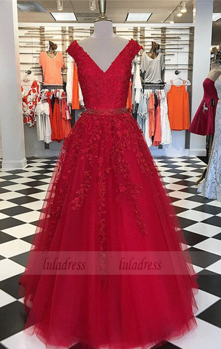Cap Sleeves Evening Dress,modest prom dress,red formal dress