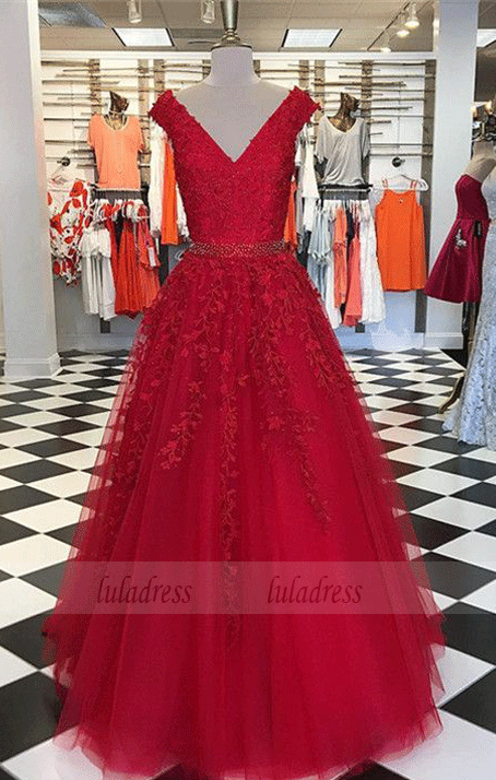 Modest Fitted Cap Sleeve Long Red Jersey Applique Beaded Prom Dress