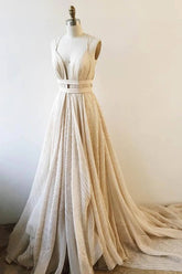 Lace V-neck Backless A-line Prom Dresses With Court Train, Party Dress