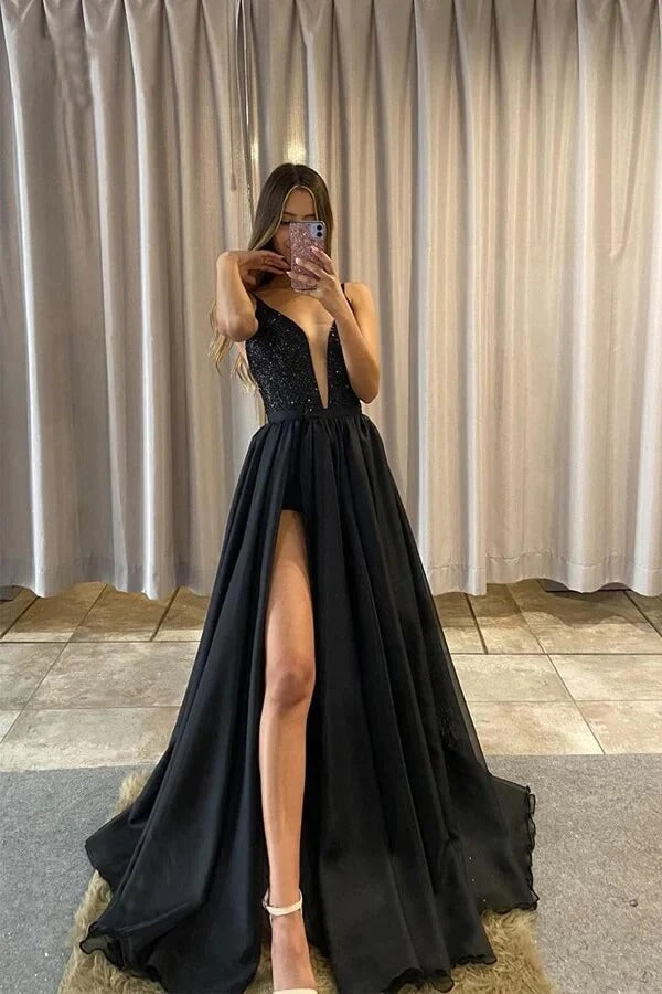 Classic Detachable A-Line V-Neck Black Tulle Prom Dress PSK383 US6 / Black Classic Detachable A-Line V-Neck Black Tulle Prom Dress PSK383 US6 / Black