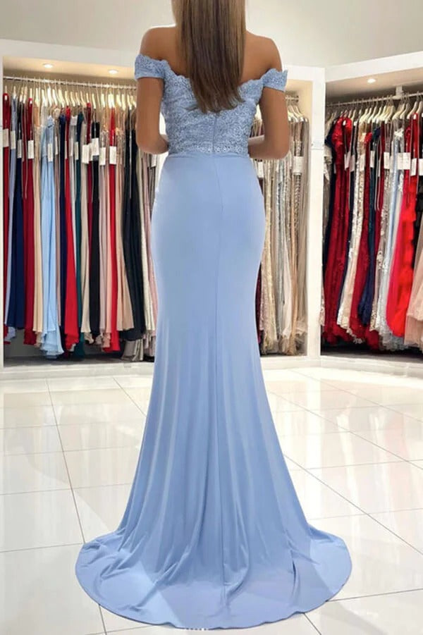 Blue Chiffon Mermaid Lace Off the Shoulder Prom Dresses, Evening Dresses