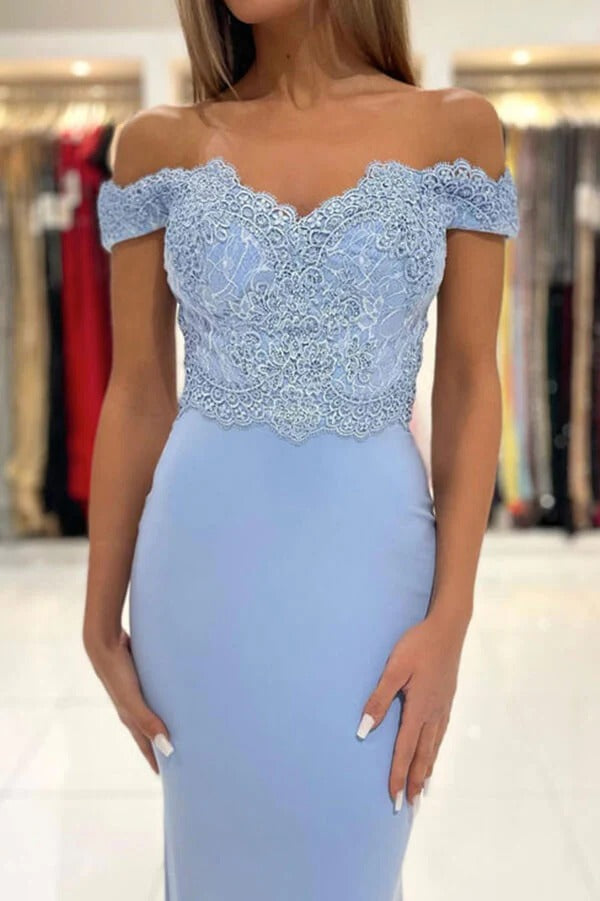 Blue Chiffon Mermaid Lace Off the Shoulder Prom Dresses, Evening Dresses