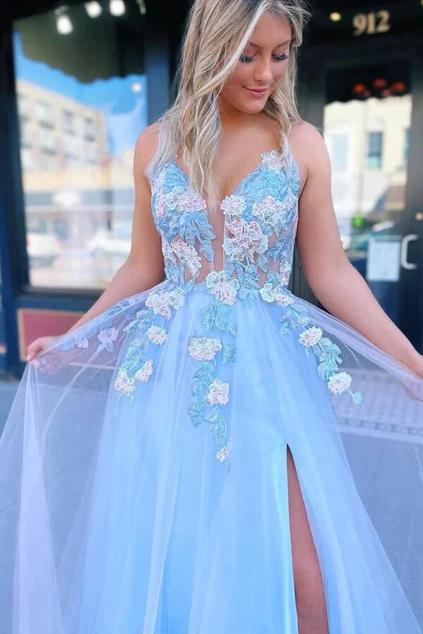V-neck Lace Flowers Blue Tulle A-line Long Prom Dresses, Evening Dress