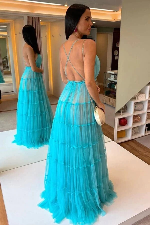 V-neck Floor Length Blue Tulle Tiered A-line Prom Dresses, Evening Dresses