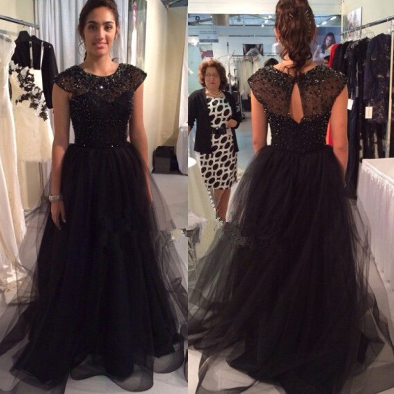 black Prom Dresses,long prom dress,A-line prom Dress,cap sleeves prom dress,charming prom gown