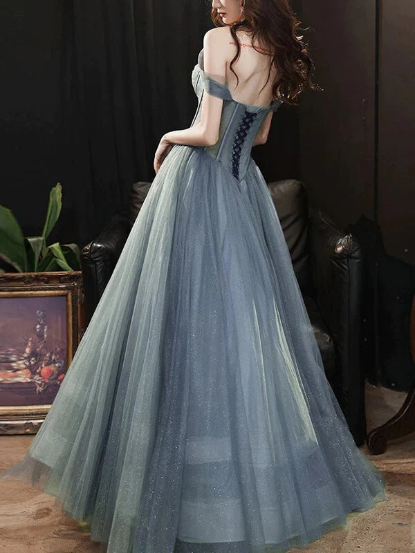 Gray Tulle Off the Shoulder Long A-line Prom Dresses, Evening Dresses