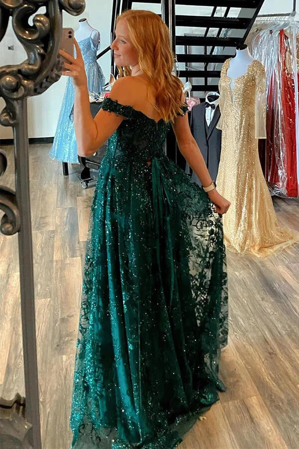Green Off Shoulder Tulle A-line Lace Appliques Prom Dresses