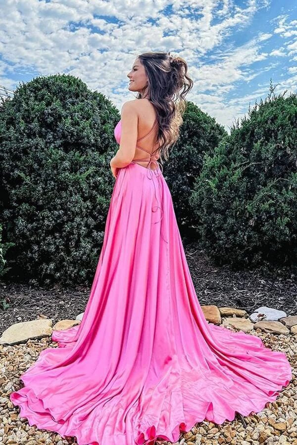 Hot Pink Satin Scoop Long A-line Prom Dresses, Evening Dress