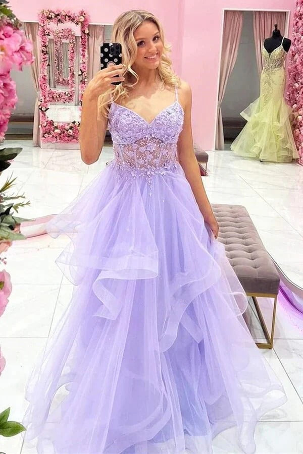 A-line V-neck Lilac Tulle Lace Appliques Long Prom Dresses, Evening Dresses
