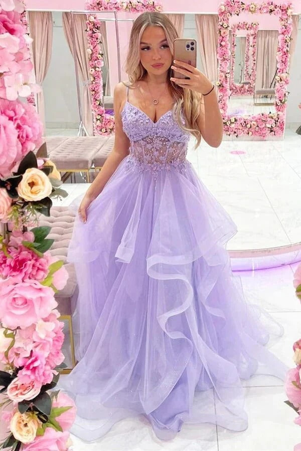 A-line V-neck Lilac Tulle Lace Appliques Long Prom Dresses, Evening Dresses