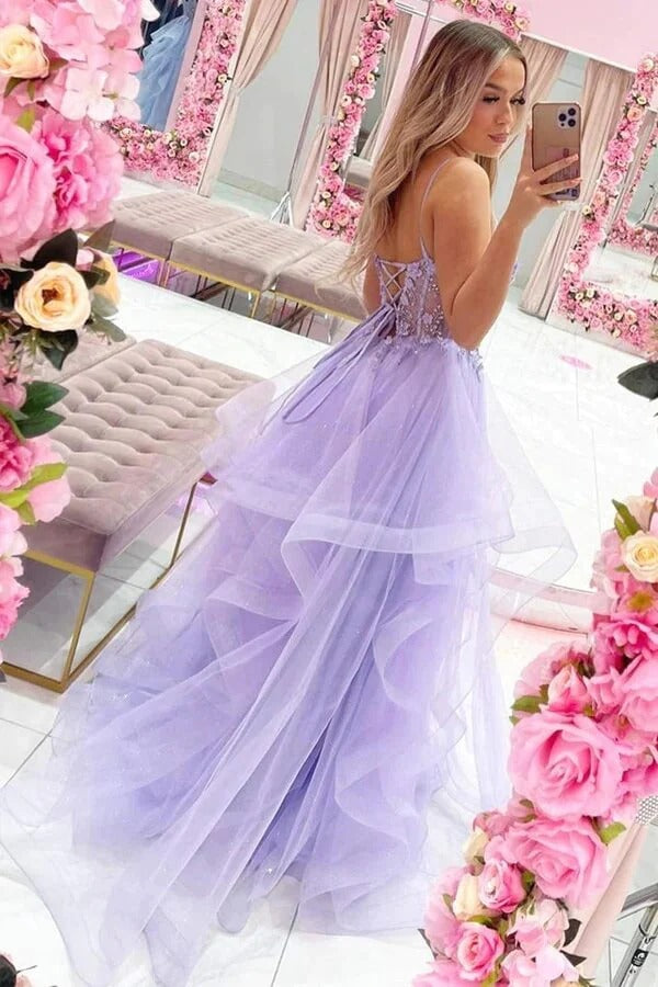 A-line V-neck Lilac Tulle Lace Appliques Long Prom Dresses, Evening Dresses