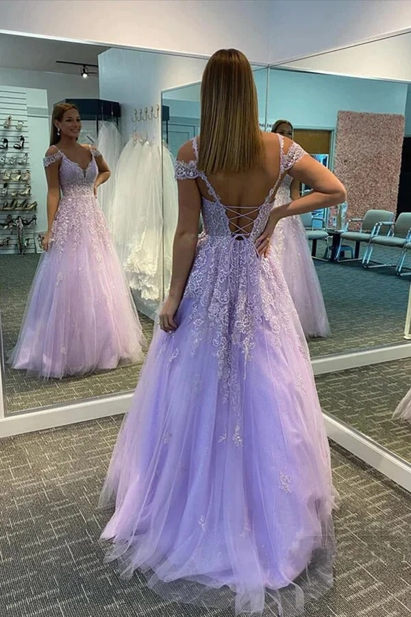 A-line V-neck Lilac Tulle Prom Dresses With Lace Appliques, Evening Dresses