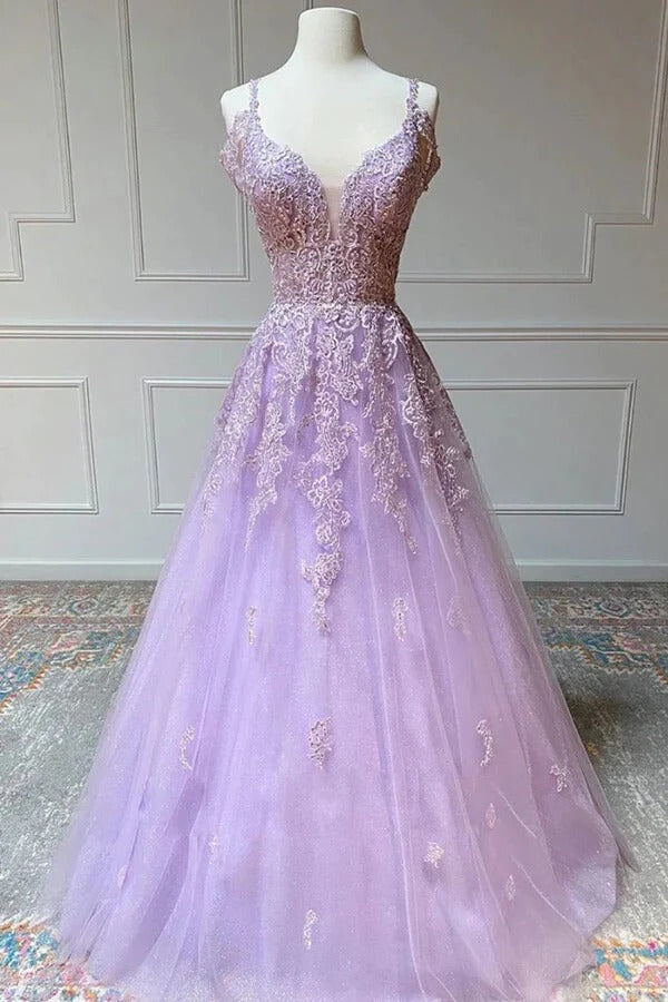 A-line V-neck Lilac Tulle Prom Dresses With Lace Appliques, Evening Dresses